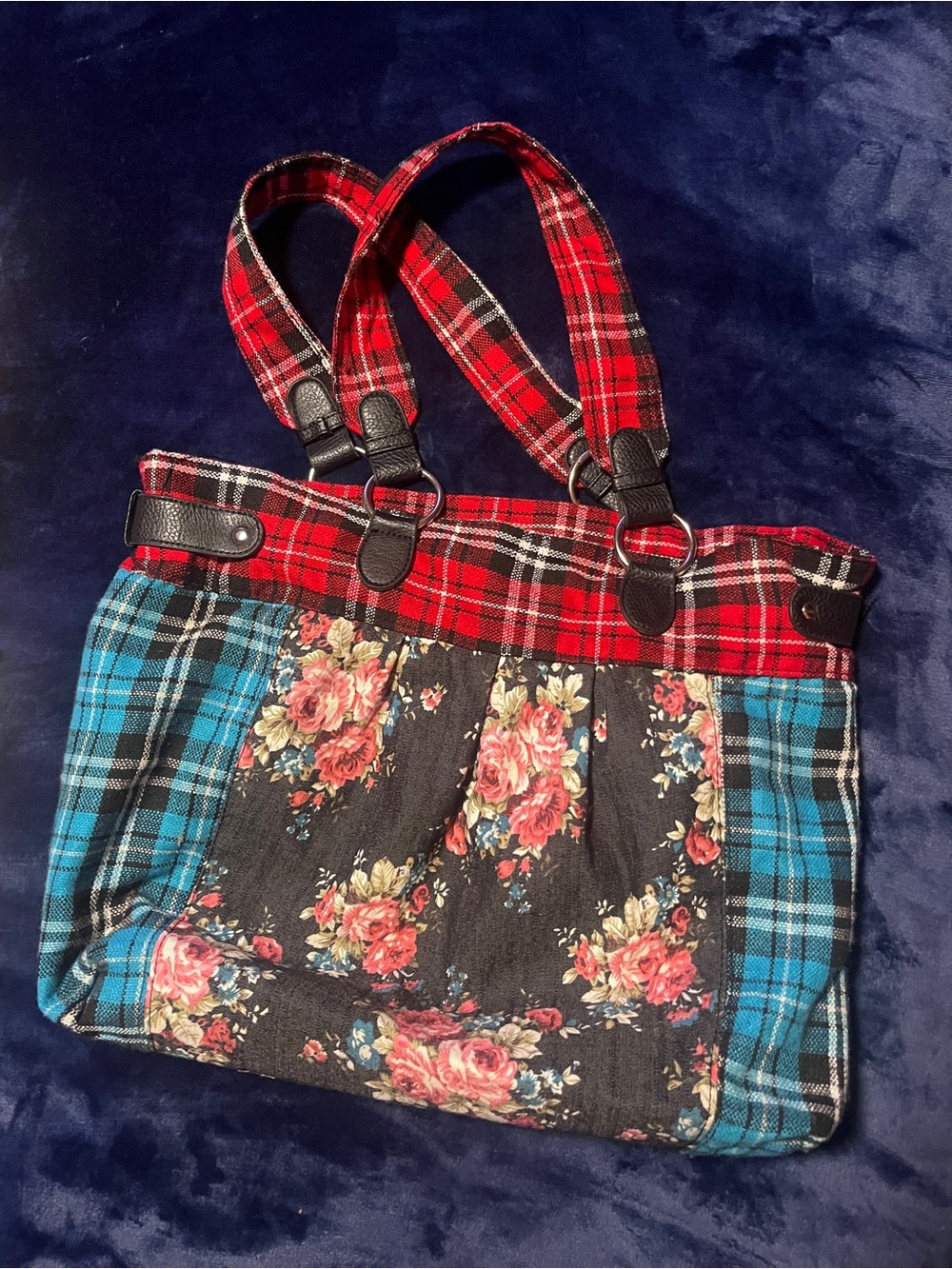 Patchwork Floral & Plaid Tote Purse/Bag - Red, Blue